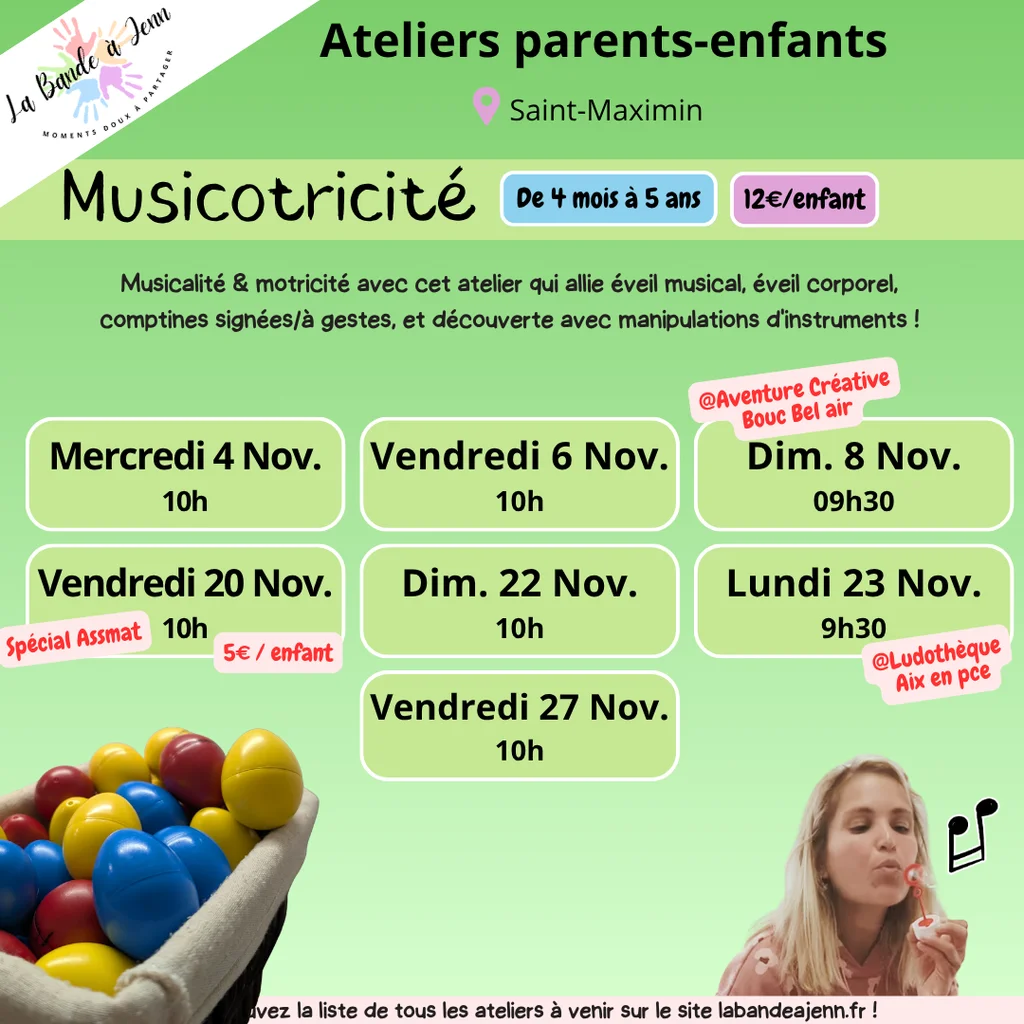 Affiche atelier Musicotricité : éveil musical et corporel, comptines signées et manipulation d'instruments, de 4 mois à 5 ans, 12€
