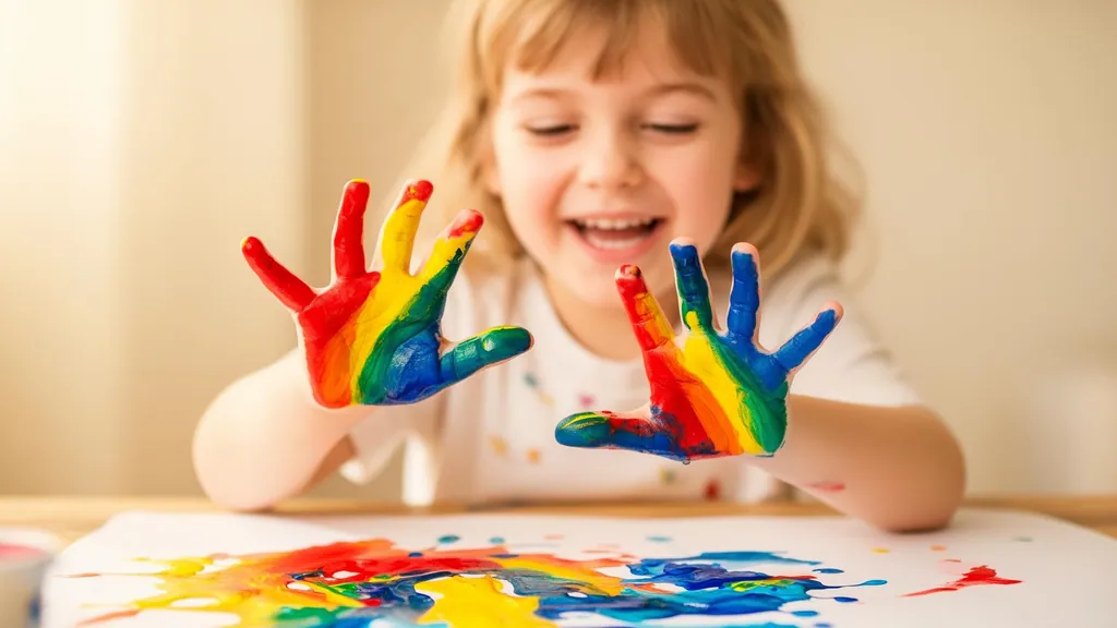 Enfant souriant les mains pleines de peinture arc-en-ciel